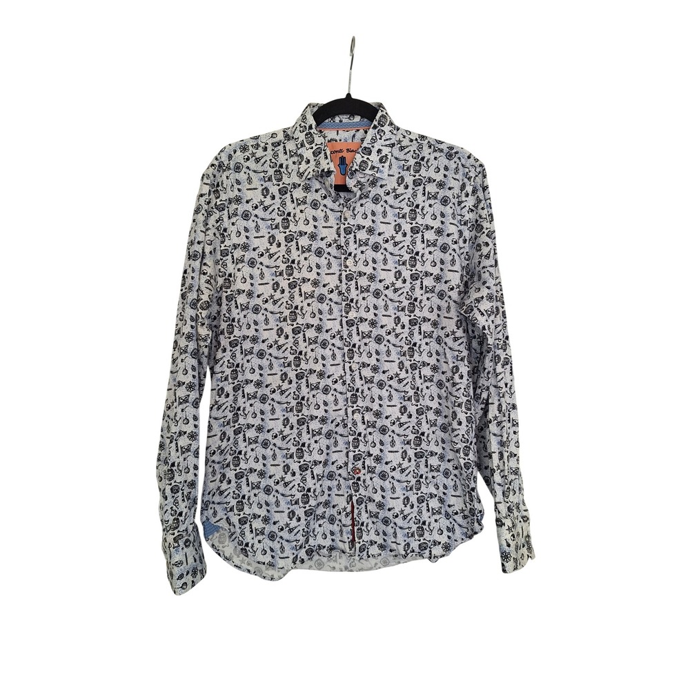 Luchiano Visconti Black Mens Nautical Pirate Print Button Down Shirt White Blue